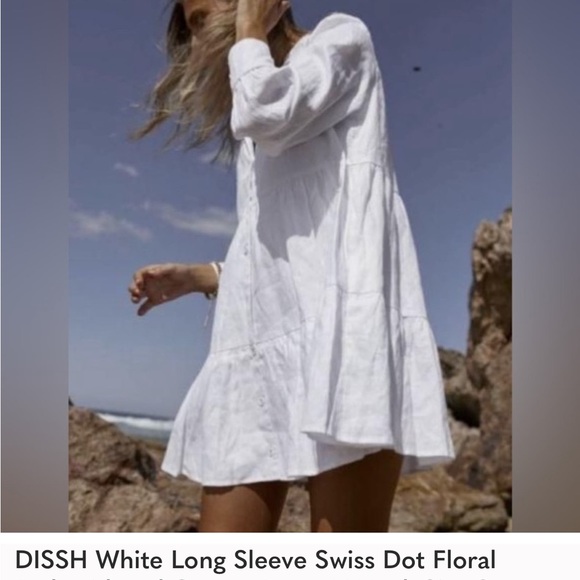 DISSHWhite Long Sleeve Swiss Dot Floral Embroidered Cotton Dress V-Neck USSize 8 - Picture 1 of 10